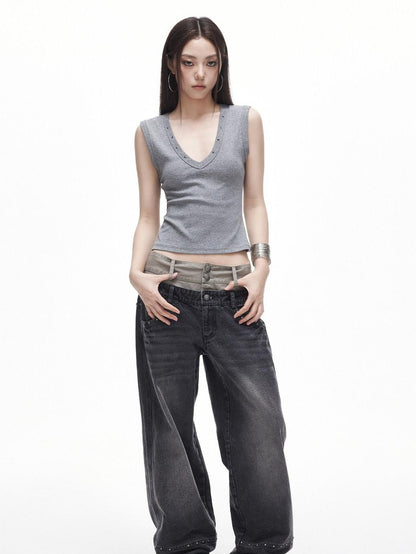 3MODE Retro Studded V-neck H Shape Slim Women&