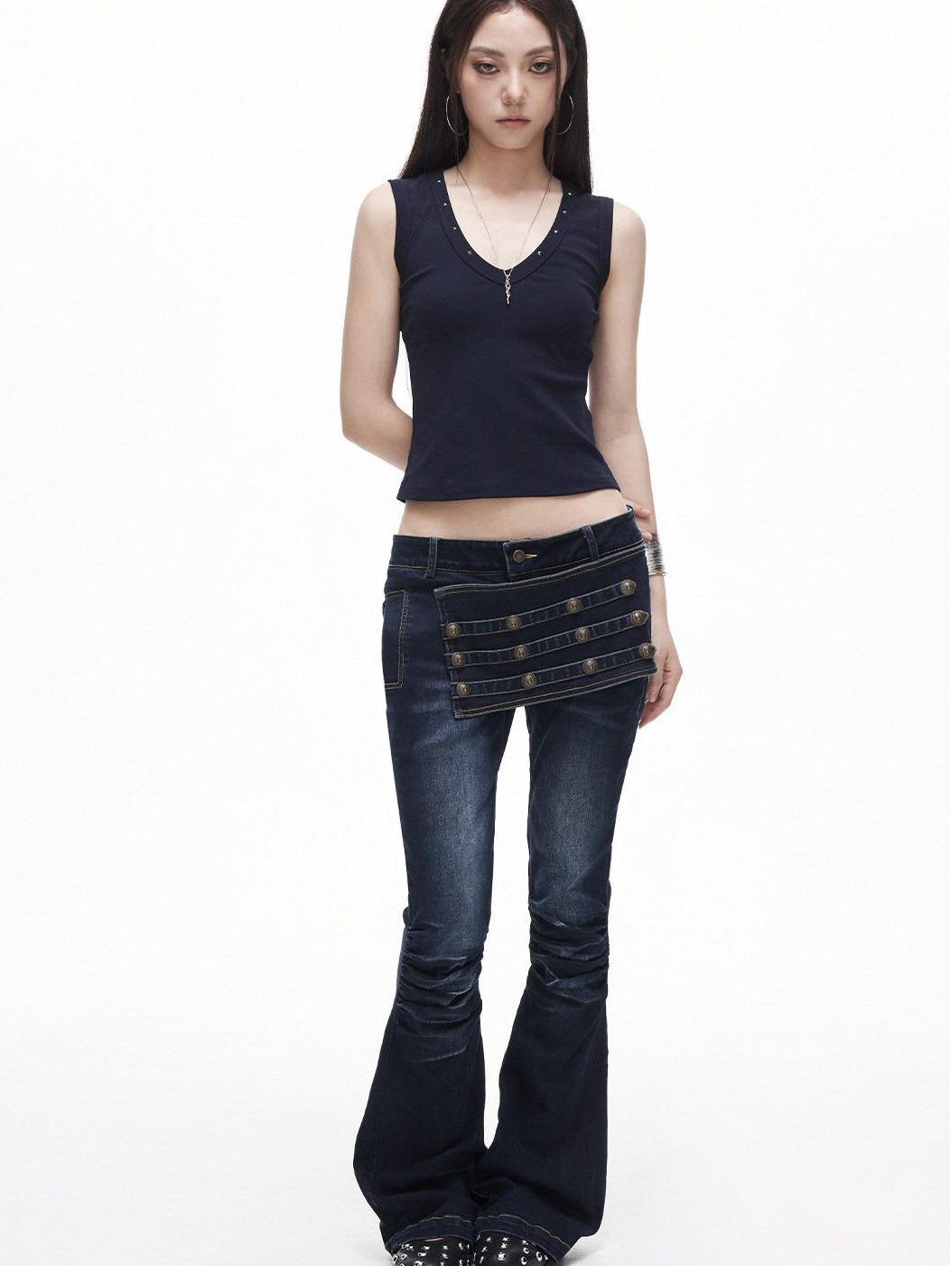 3MODE Retro Studded V-neck H Shape Slim Women&