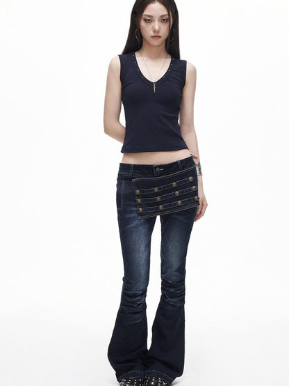 3MODE Retro Studded V-neck H Shape Slim Women&