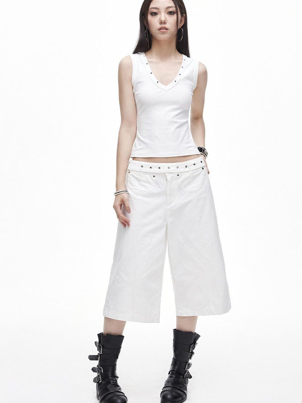 3MODE Retro Studded V-neck H Shape Slim Women&
