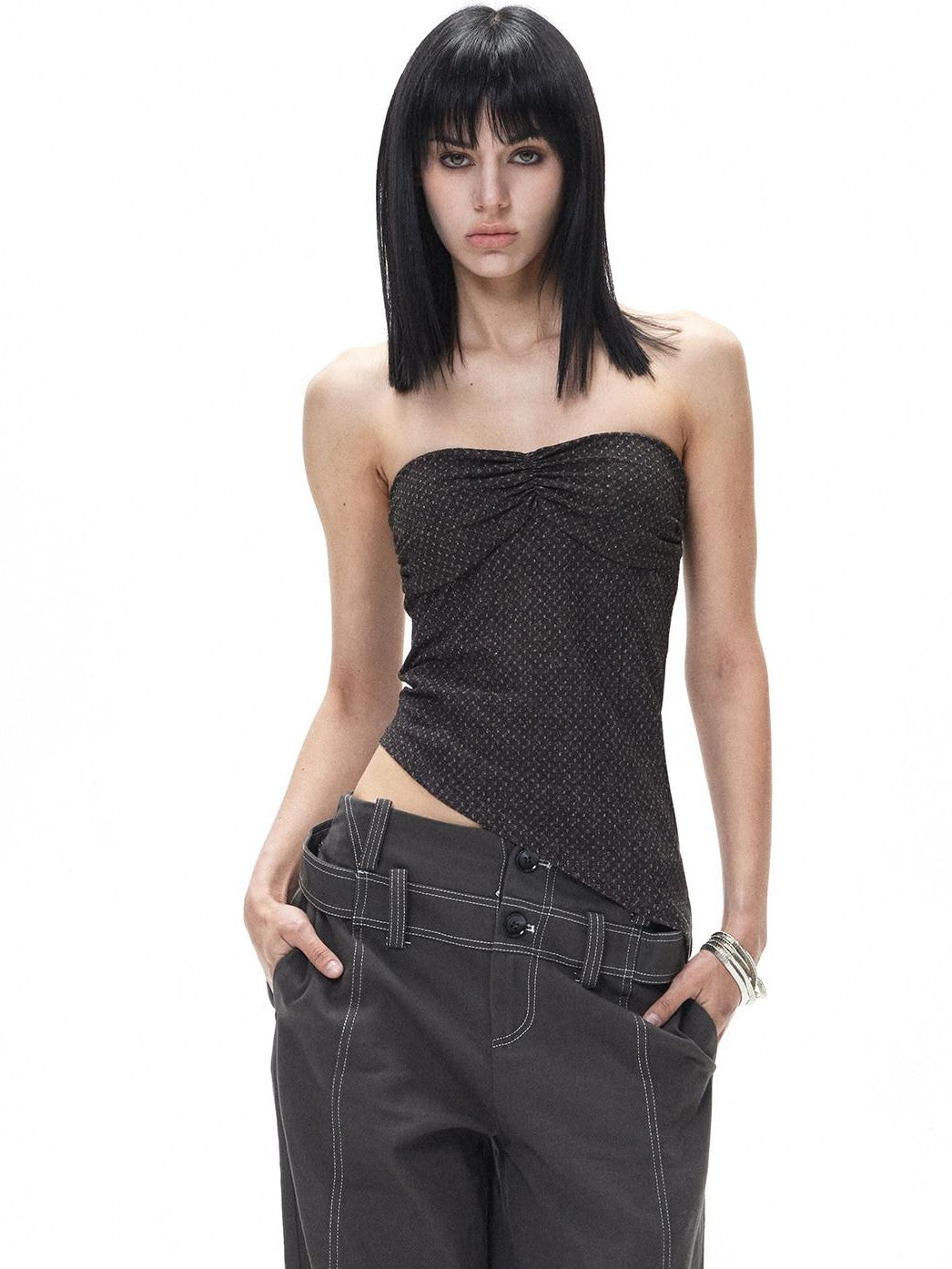 3MODE Retro Textured Polka Dot Asymmetric Hem Women&
