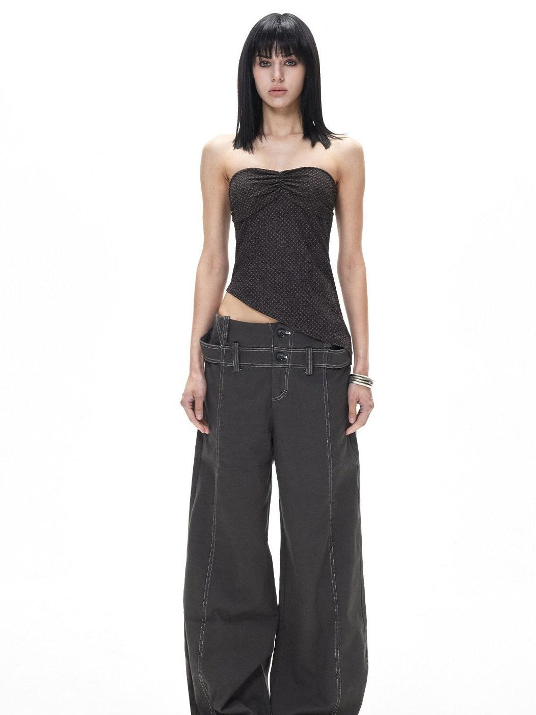 3MODE Retro Textured Polka Dot Asymmetric Hem Women&