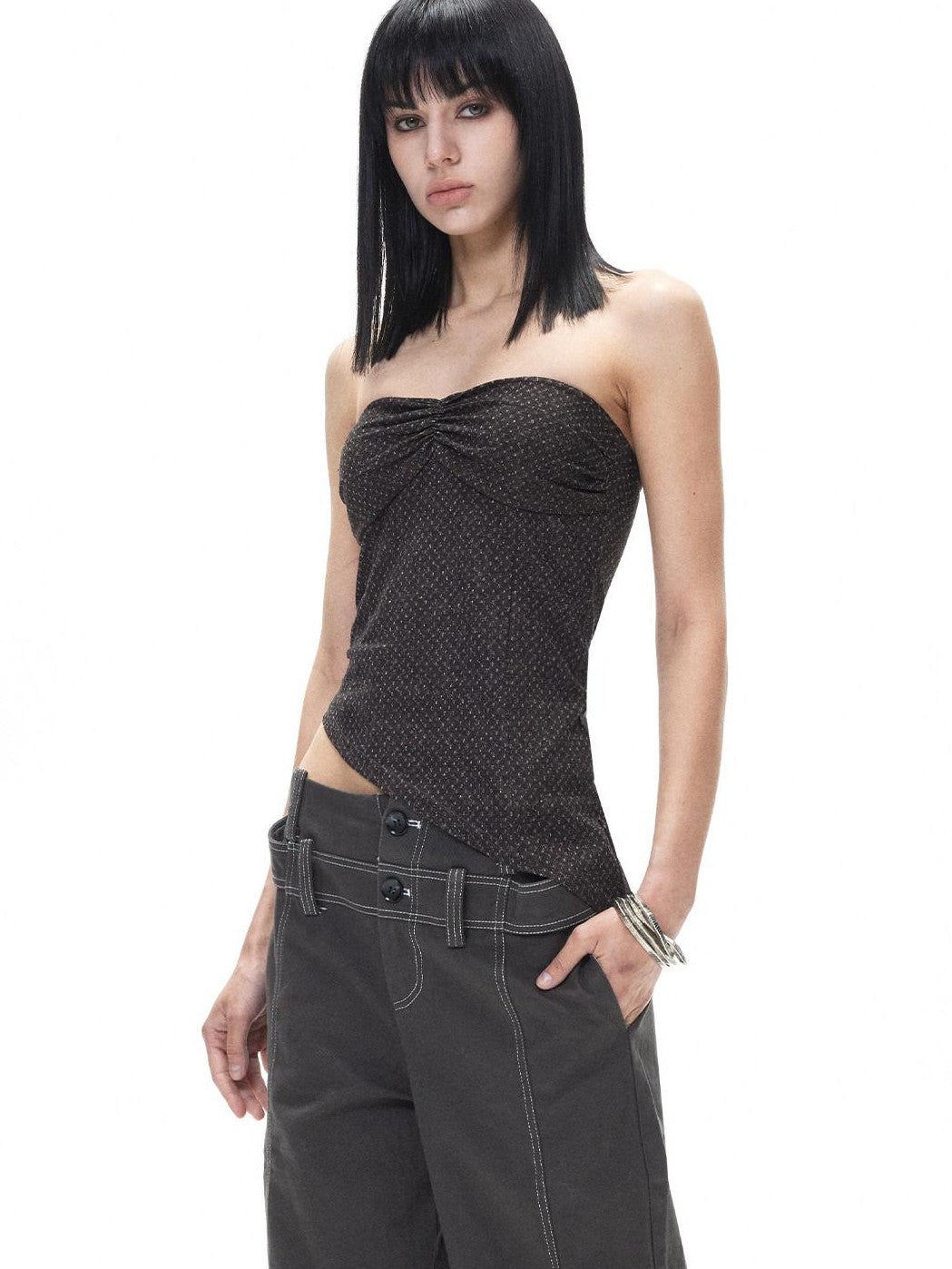 3MODE Retro Textured Polka Dot Asymmetric Hem Women&