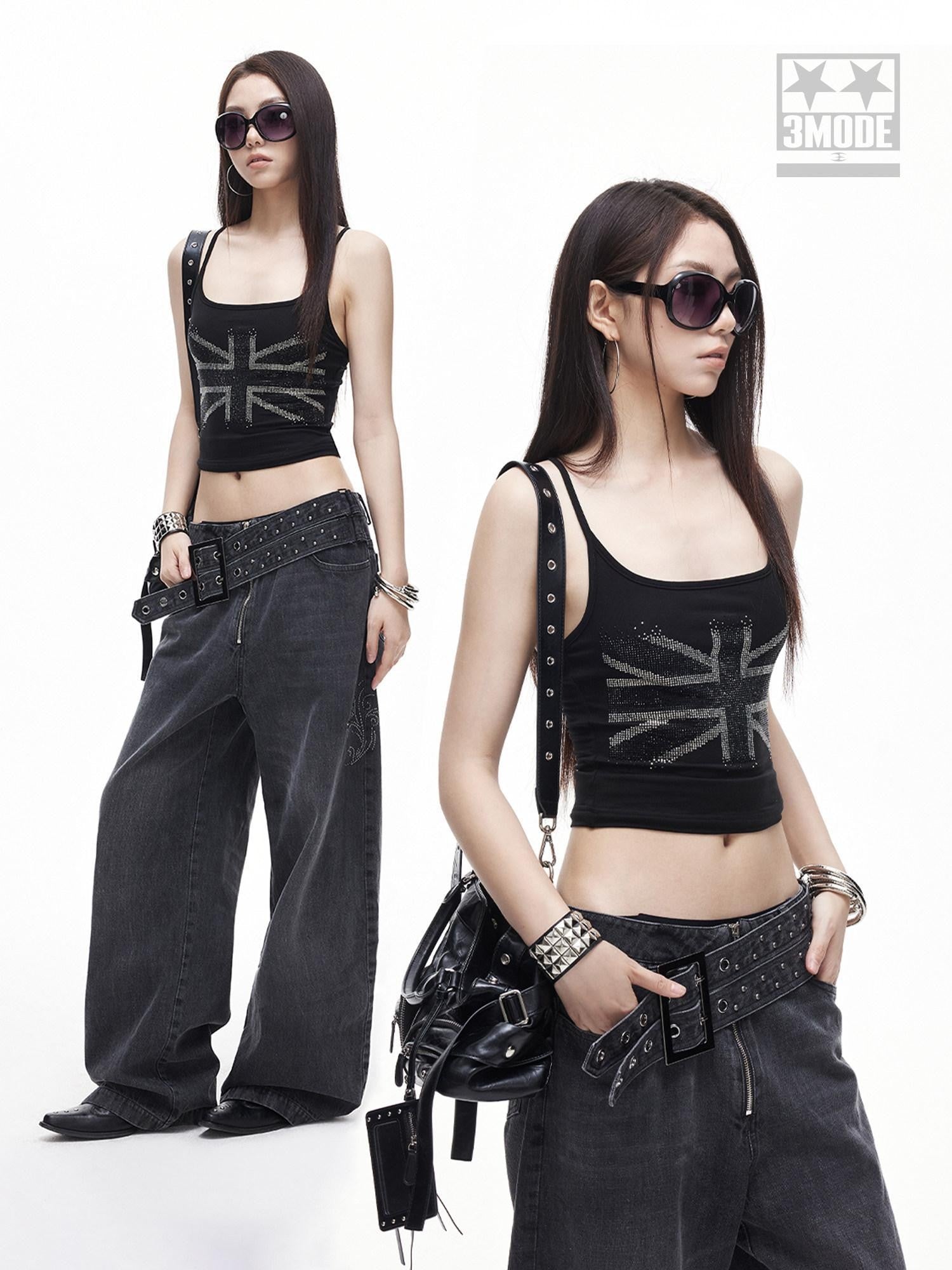 3MODE Rhinestone U Neck Slim Fit Short Spaghetti Strap Women&