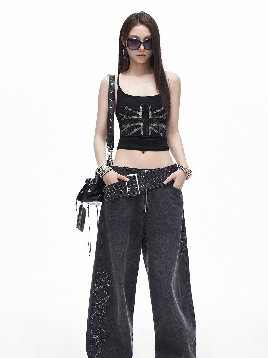 3MODE Rhinestone U Neck Slim Fit Short Spaghetti Strap Women&