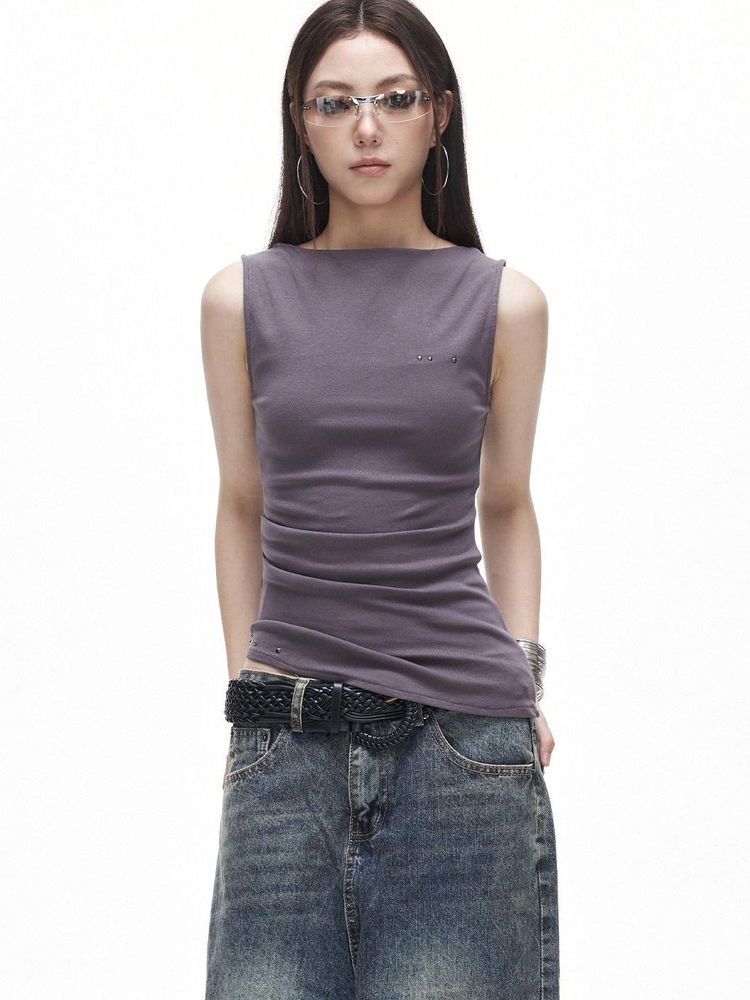 3MODE Ruched Asymmetrical Boat Neck Slim Women&