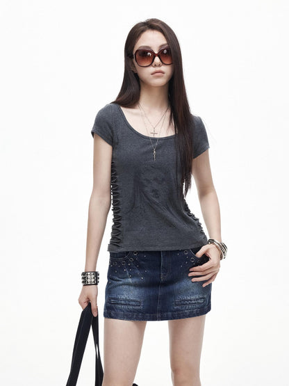 3MODE Side Ruched U Neck Slim Fit Women&