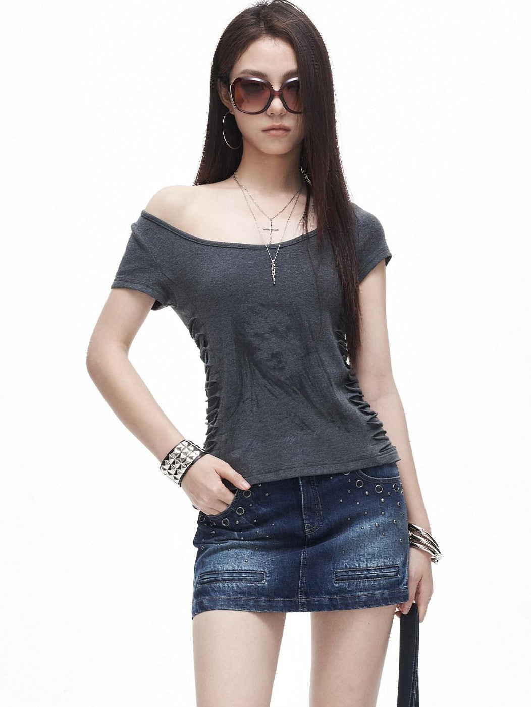 3MODE Side Ruched U Neck Slim Fit Women&