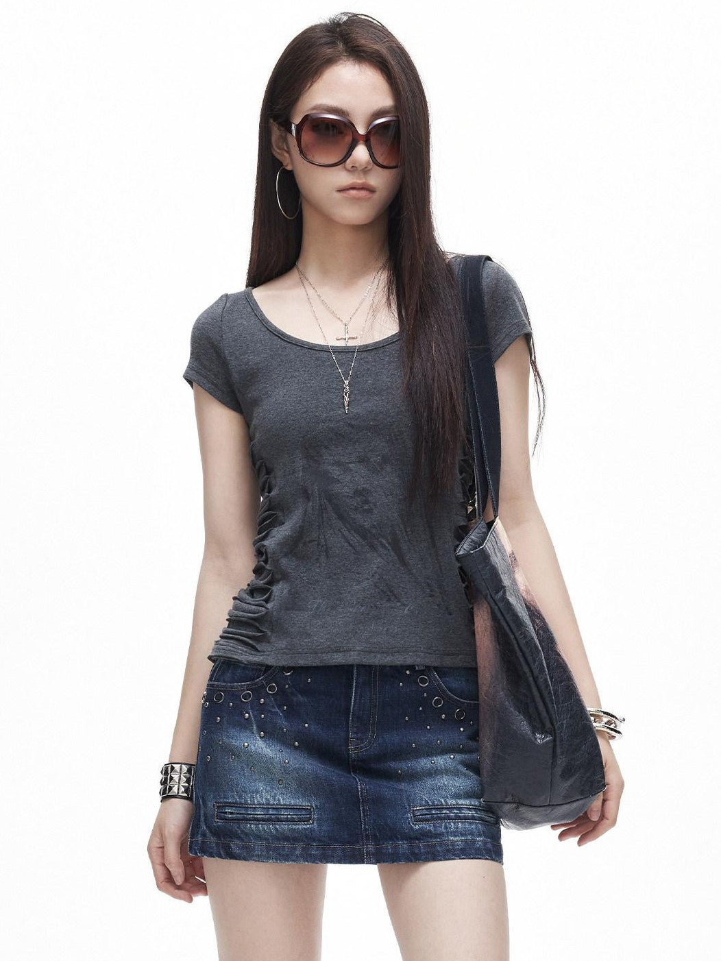 3MODE Side Ruched U Neck Slim Fit Women&