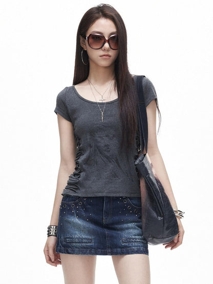 3MODE Side Ruched U Neck Slim Fit Women&