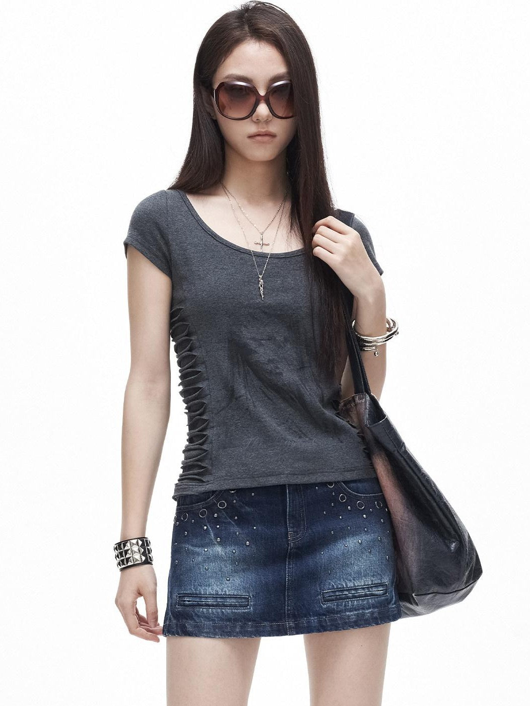 3MODE Side Ruched U Neck Slim Fit Women&