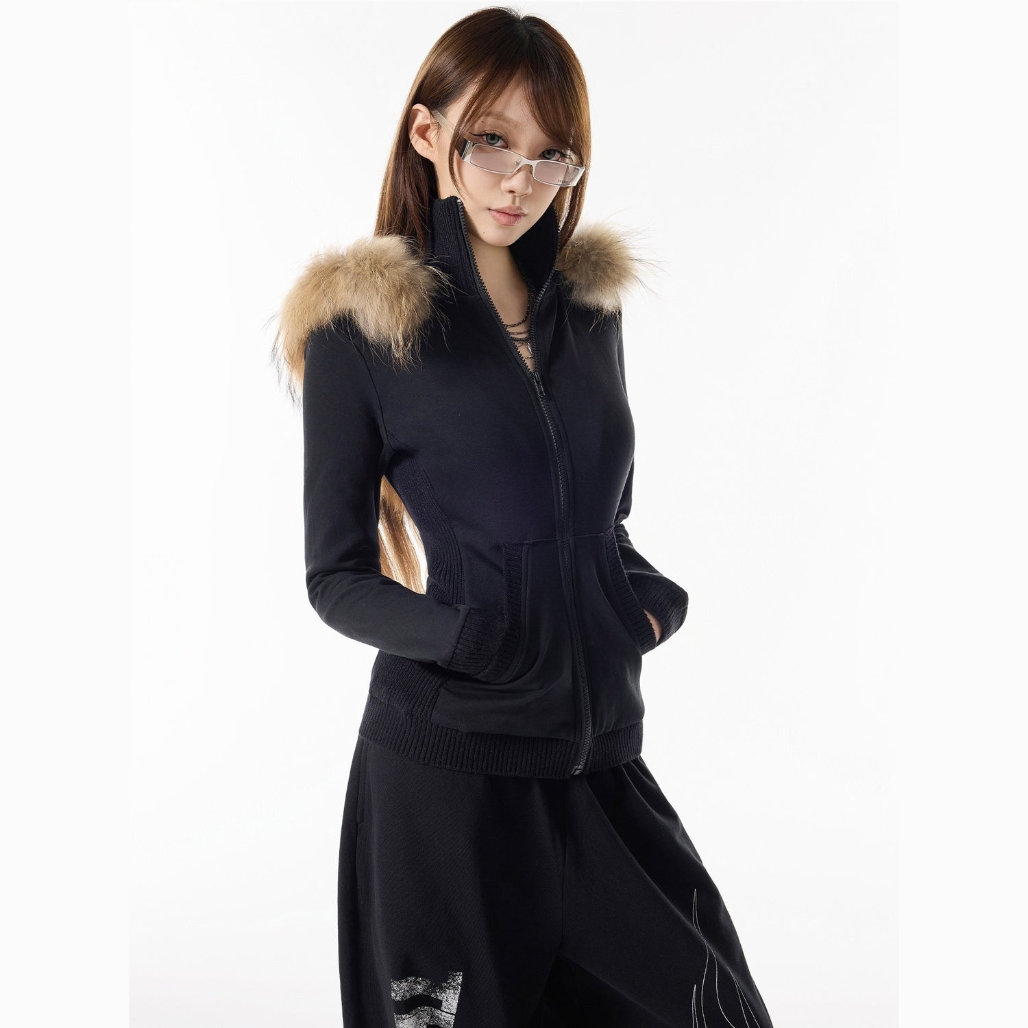 3MODE_Solid_Black_Hooded_Slim_High_Collar_Women&
