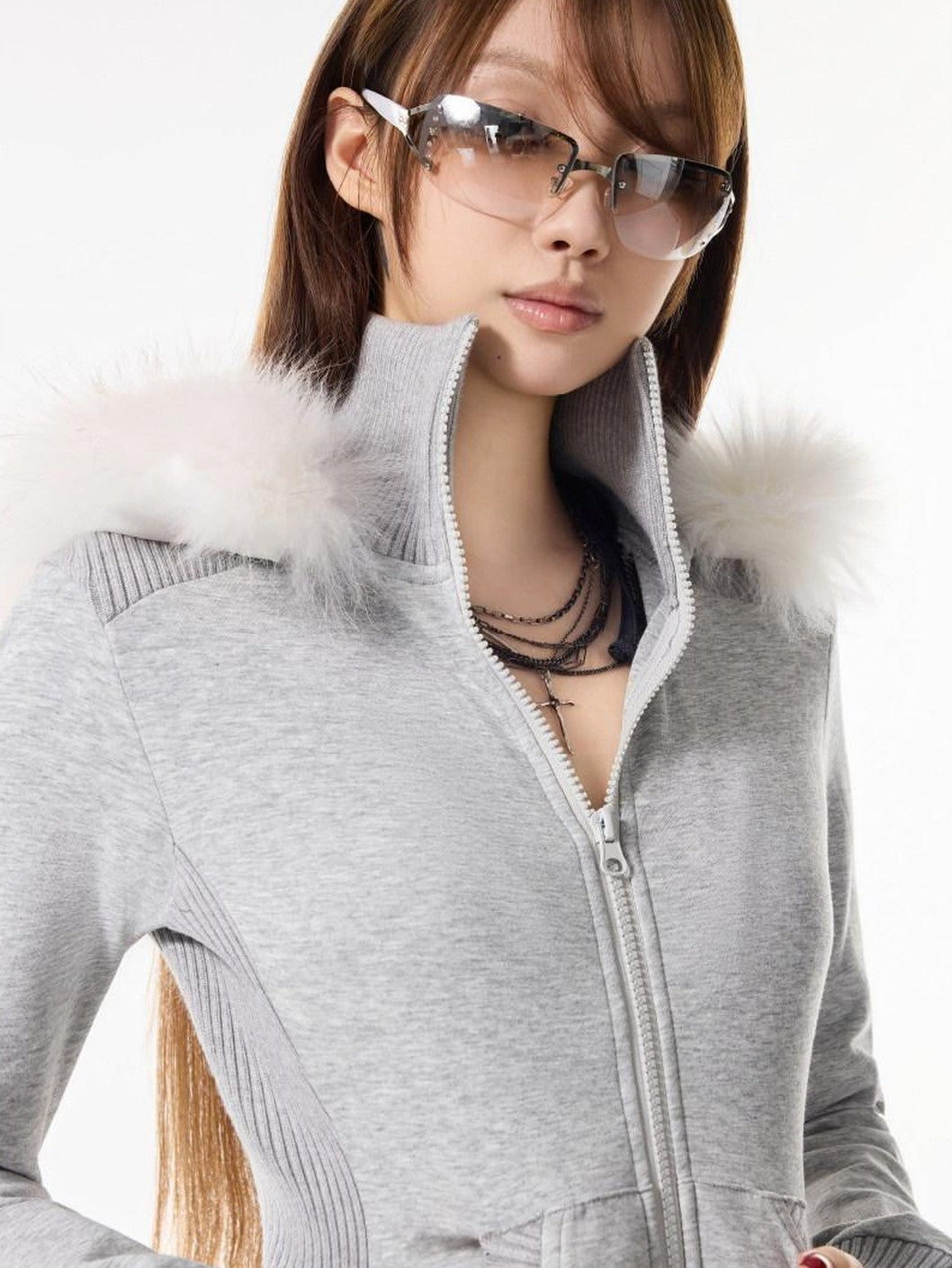 3MODE Solid Black Hooded Slim High Collar Women&