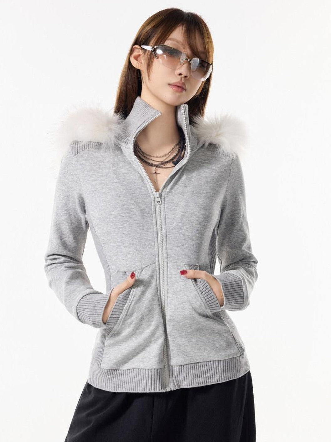 3MODE Solid Black Hooded Slim High Collar Women&