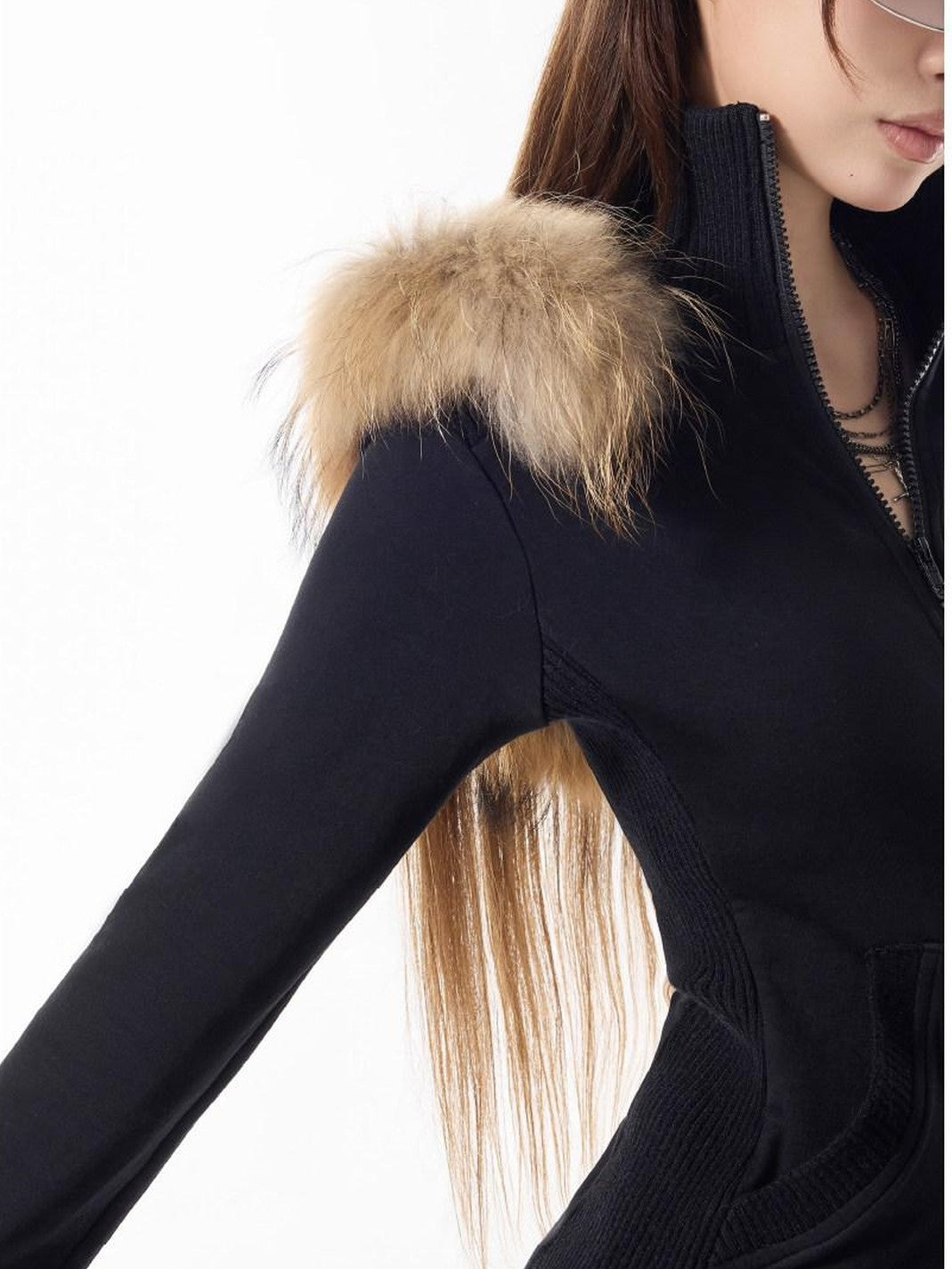 3MODE Solid Black Hooded Slim High Collar Women&
