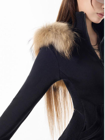 3MODE Solid Black Hooded Slim High Collar Women&