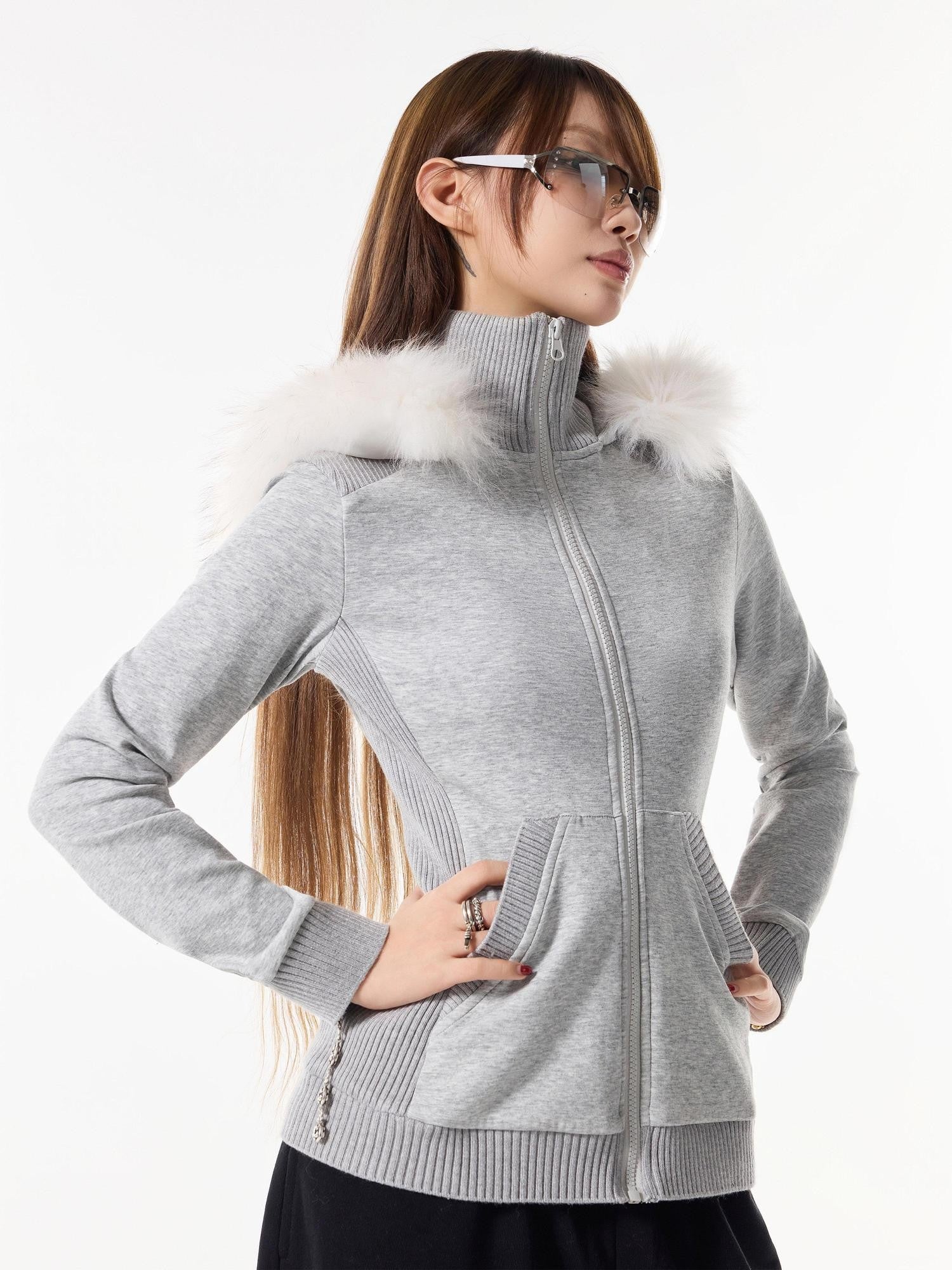 3MODE Solid Black Hooded Slim High Collar Women&