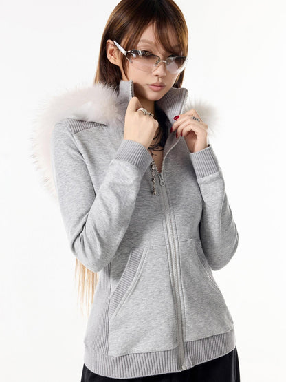 3MODE Solid Black Hooded Slim High Collar Women&