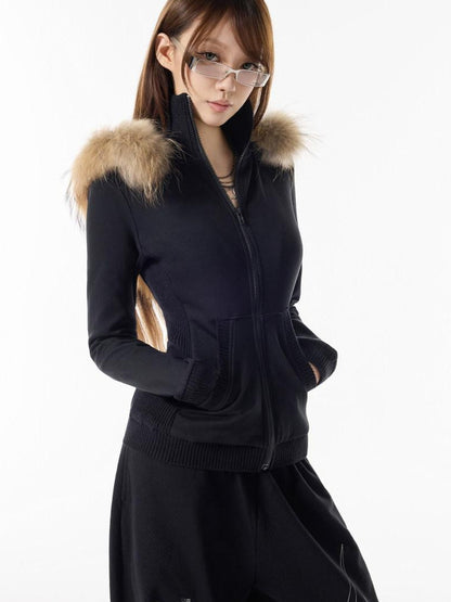 3MODE Solid Black Hooded Slim High Collar Women&