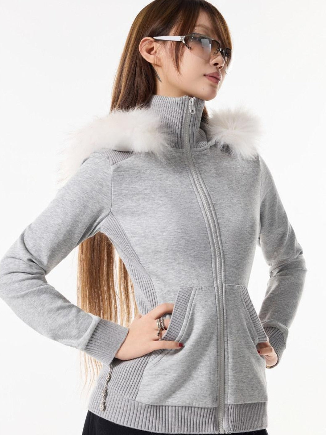 3MODE Solid Black Hooded Slim High Collar Women&