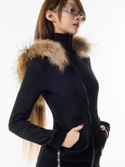 3MODE Solid Black Hooded Slim High Collar Women&