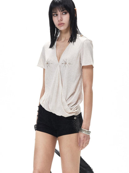 3MODE Sparkle Rhinestone Loose V-neck Women&
