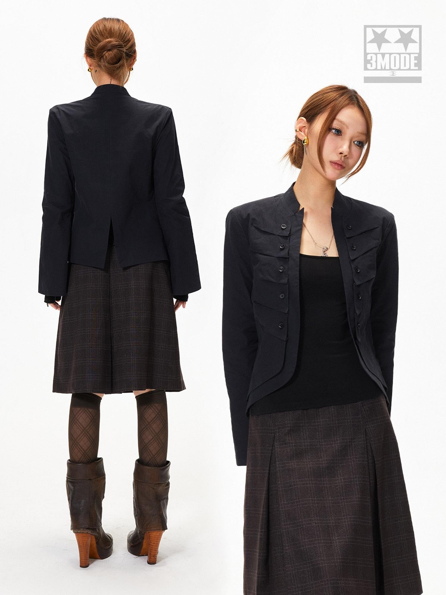 3MODE Stand Collar Multi Pocket Cropped Curved Hem Women&