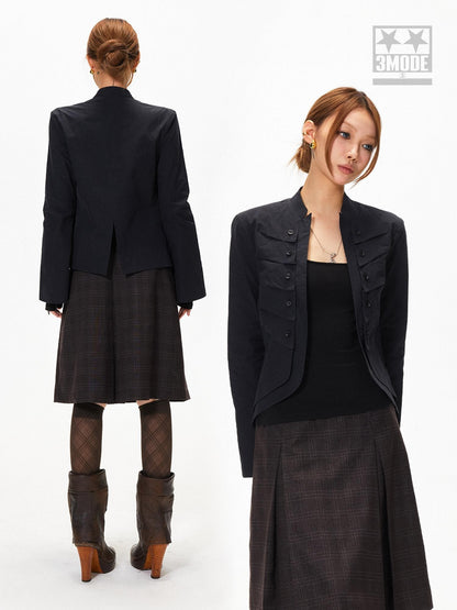 3MODE Stand Collar Multi Pocket Cropped Curved Hem Women&