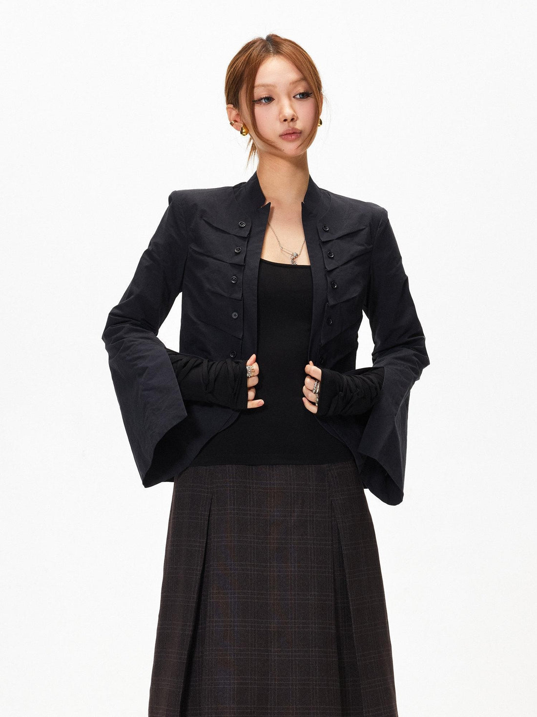3MODE Stand Collar Multi Pocket Cropped Curved Hem Women&