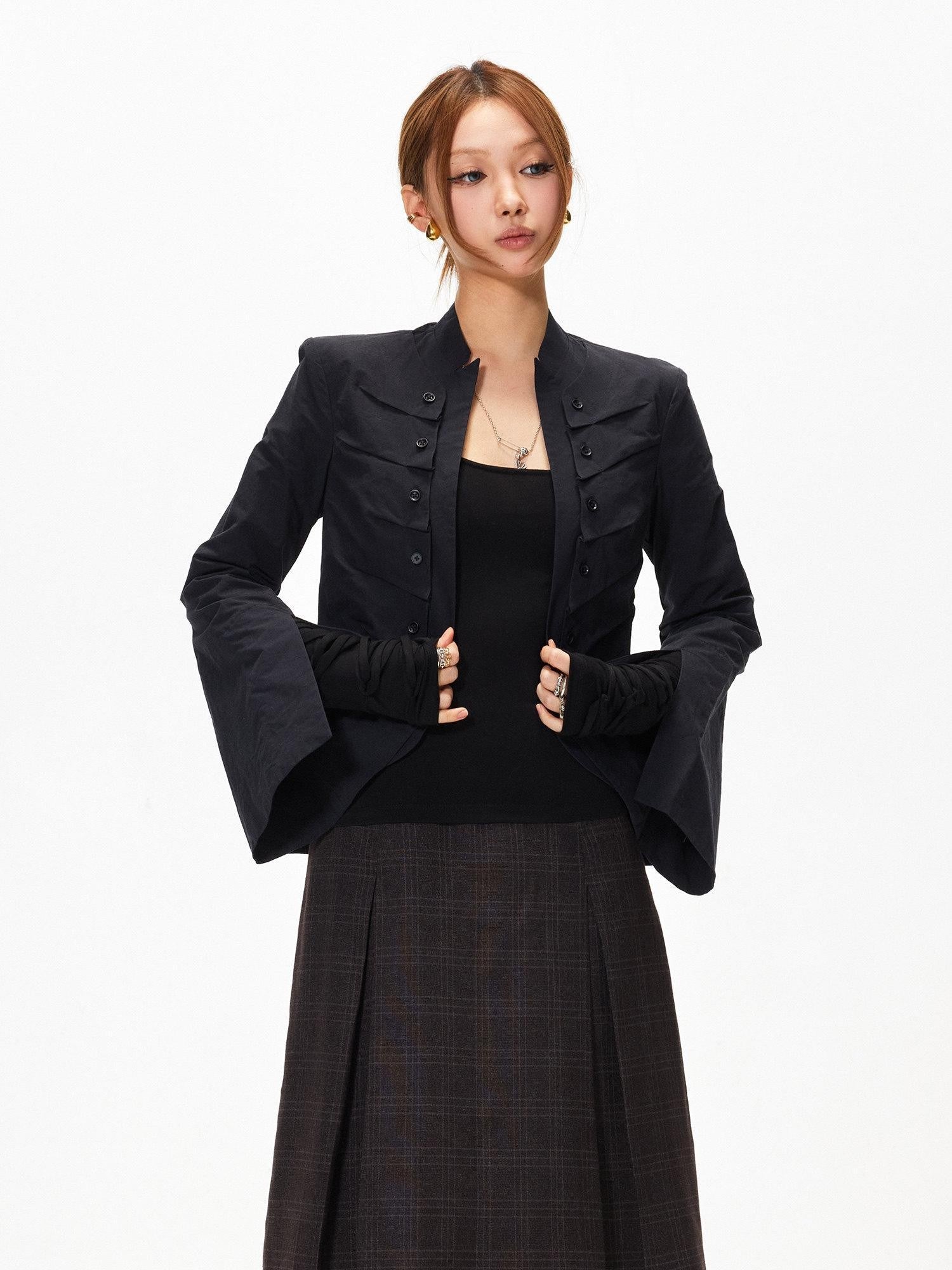 3MODE Stand Collar Multi Pocket Cropped Curved Hem Women&