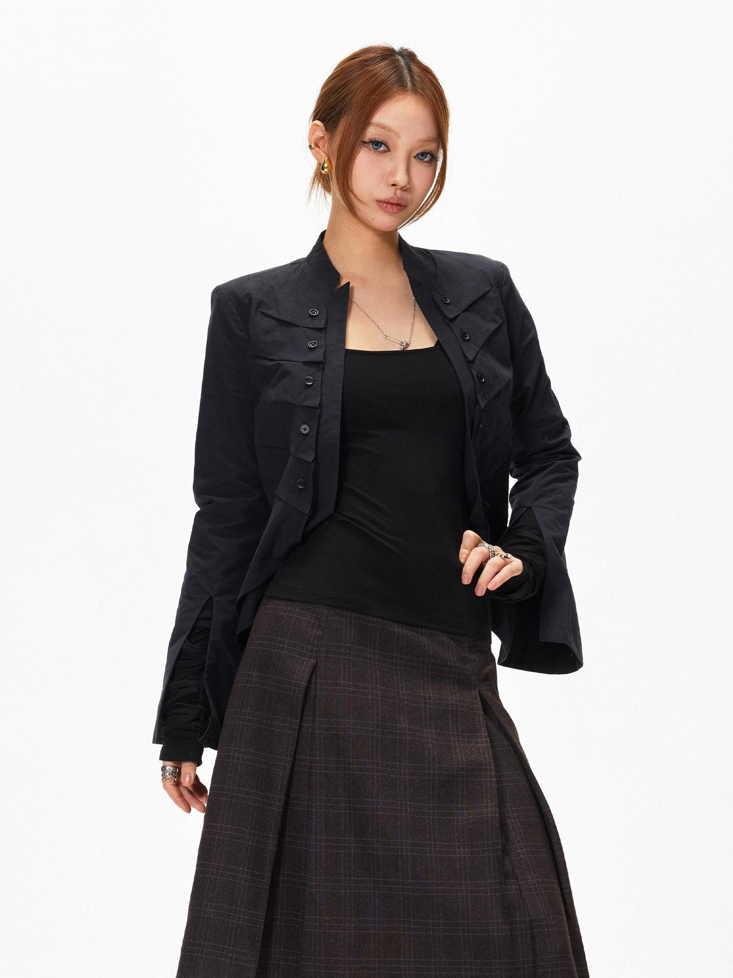 3MODE Stand Collar Multi Pocket Cropped Curved Hem Women&