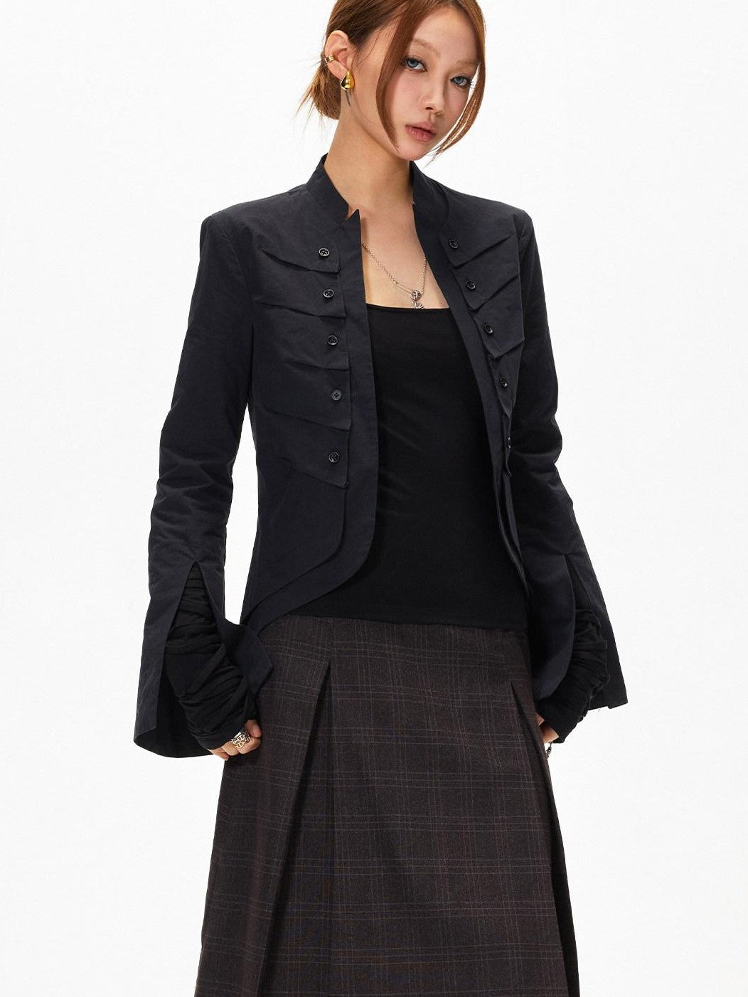 3MODE Stand Collar Multi Pocket Cropped Curved Hem Women&