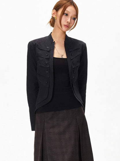 3MODE Stand Collar Multi Pocket Cropped Curved Hem Women&