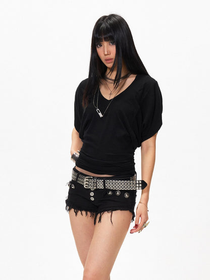 3MODE V-neck Batwing Sleeve Waist Cinch Women&