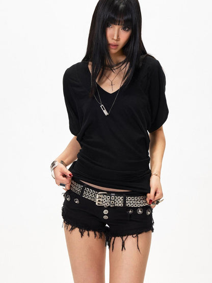 3MODE V-neck Batwing Sleeve Waist Cinch Women&