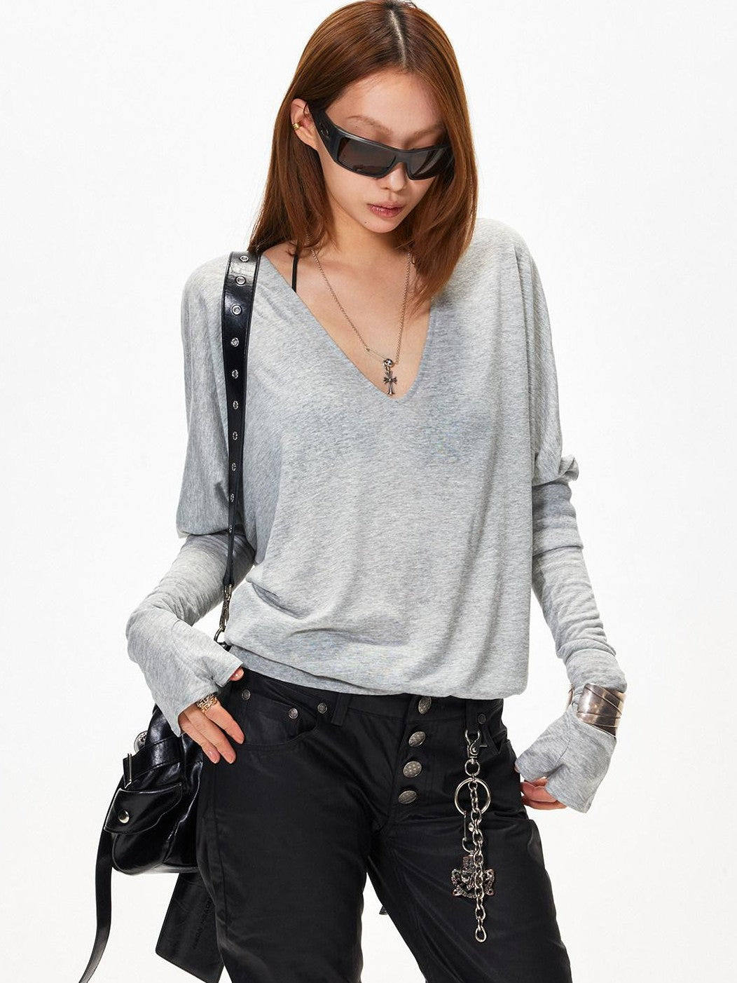 3MODE V-neck Patchwork Loose Fit Sexy Women&