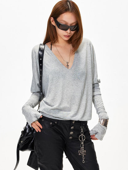 3MODE V-neck Patchwork Loose Fit Sexy Women&
