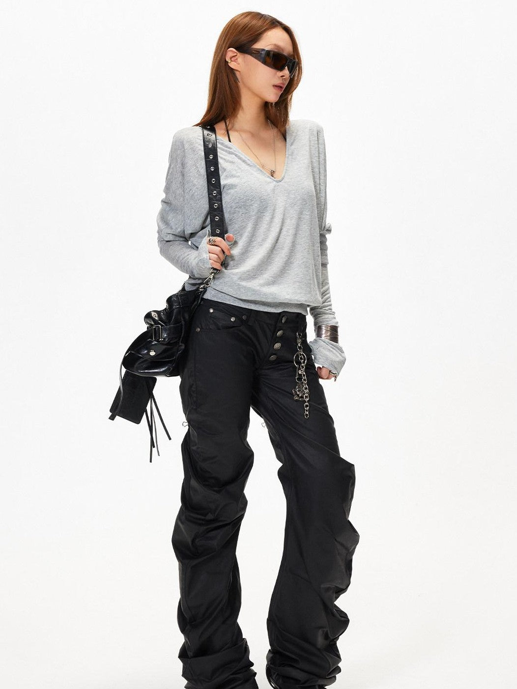 3MODE V-neck Patchwork Loose Fit Sexy Women&