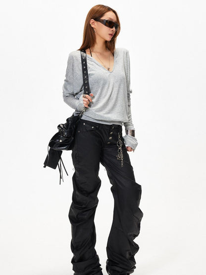 3MODE V-neck Patchwork Loose Fit Sexy Women&