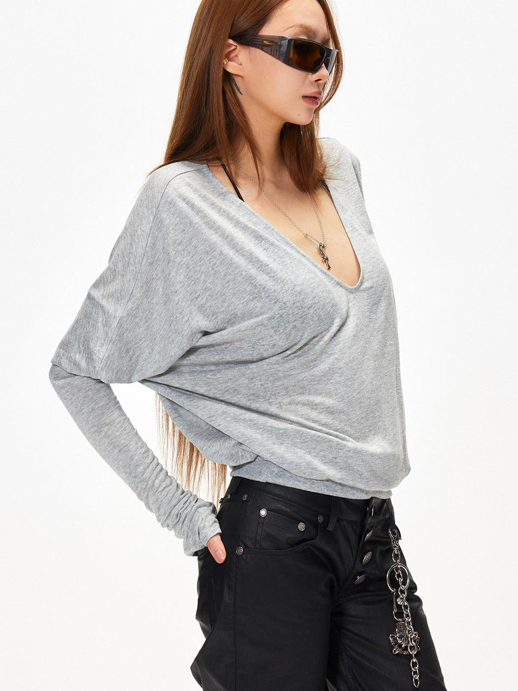 3MODE V-neck Patchwork Loose Fit Sexy Women&