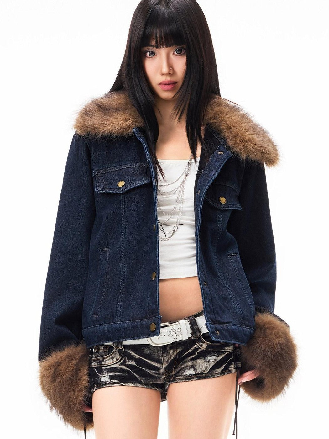 3MODE Vintage Detachable Fur Collar Fleece Lined Women&