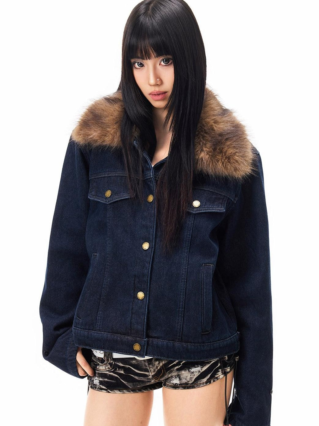 3MODE Vintage Detachable Fur Collar Fleece Lined Women&