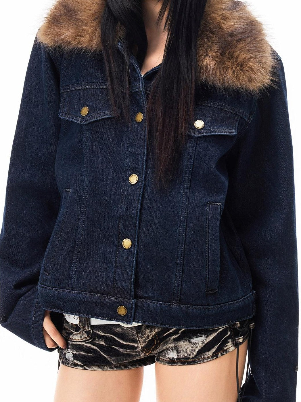 3MODE Vintage Detachable Fur Collar Fleece Lined Women&