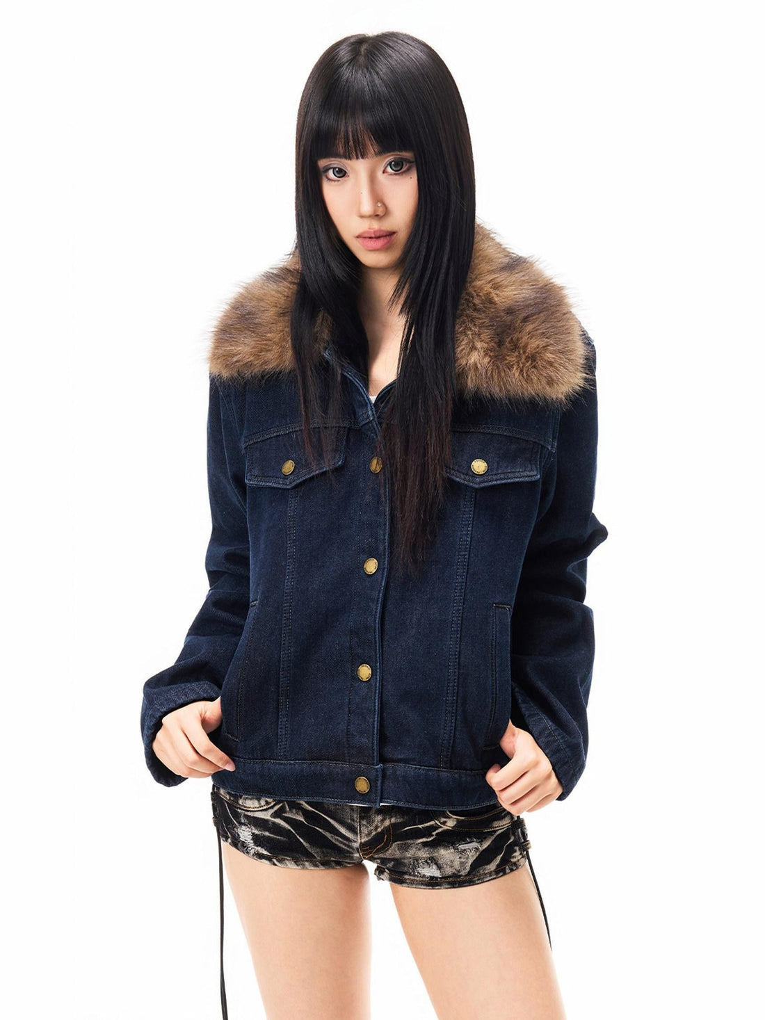 3MODE Vintage Detachable Fur Collar Fleece Lined Women&