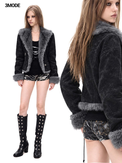 3MODE Vintage Distressed Faux Fur Trim V-neck Cropped Women&