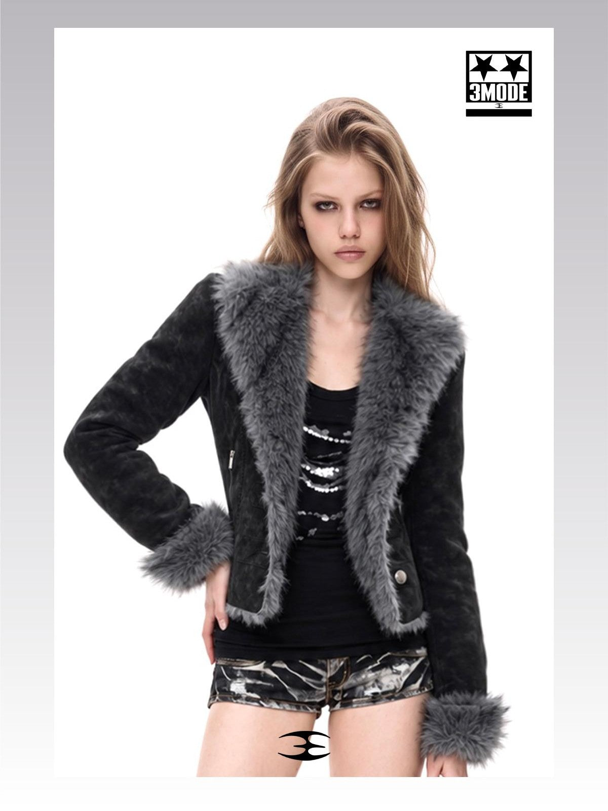 3MODE Vintage Distressed Faux Fur Trim V-neck Cropped Women&