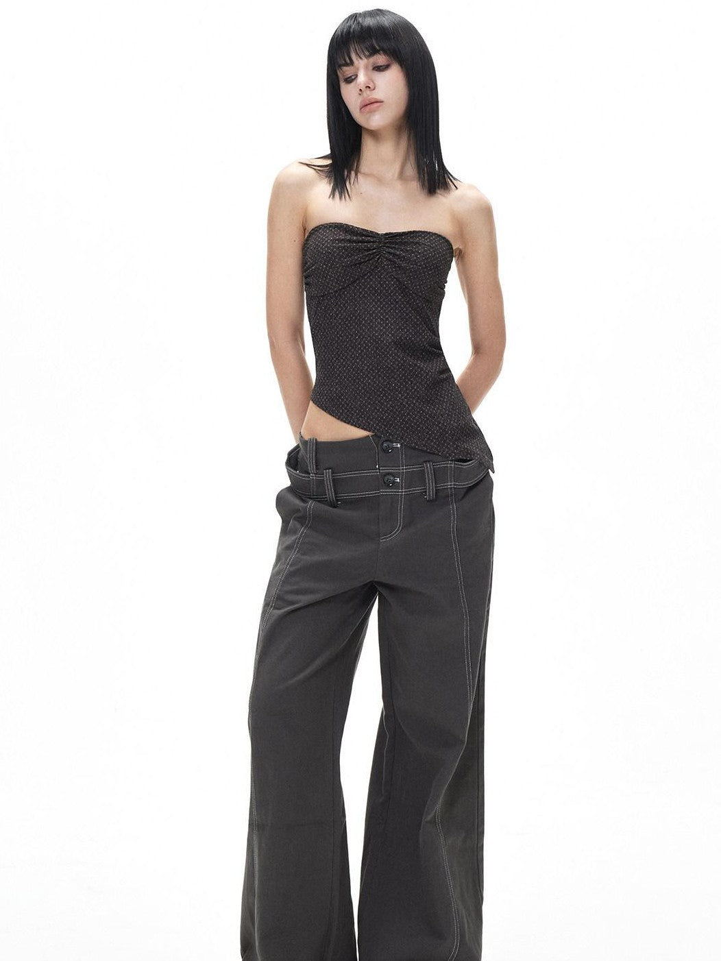 3MODE Vintage Double Waistband Mid High Waist Drapey Women&