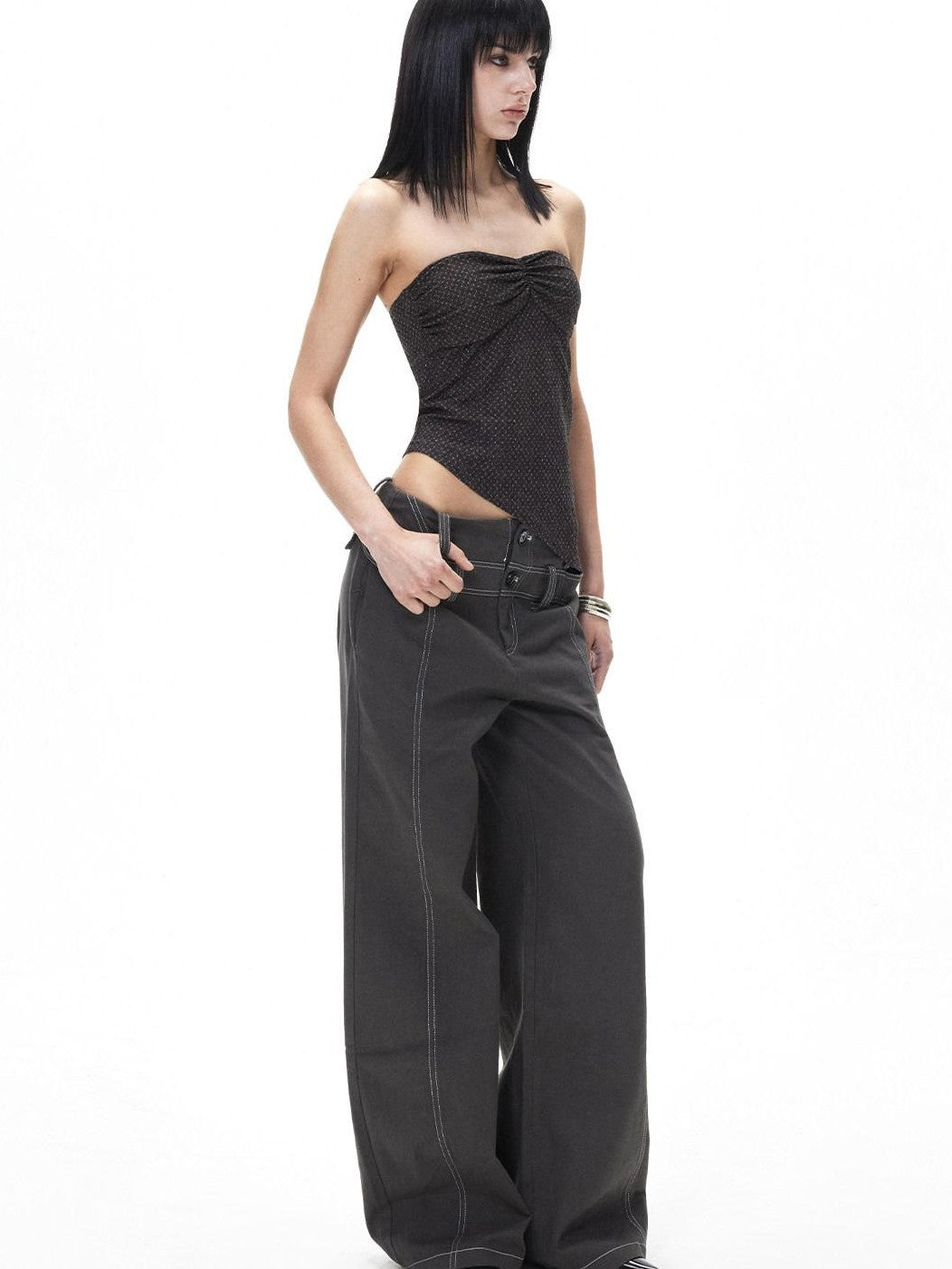 3MODE Vintage Double Waistband Mid High Waist Drapey Women&