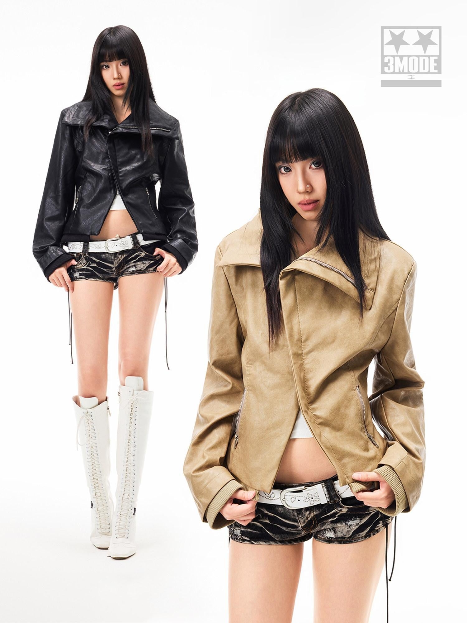 3MODE Vintage Lapel Asymmetrical Zipper Slim Fit Women&