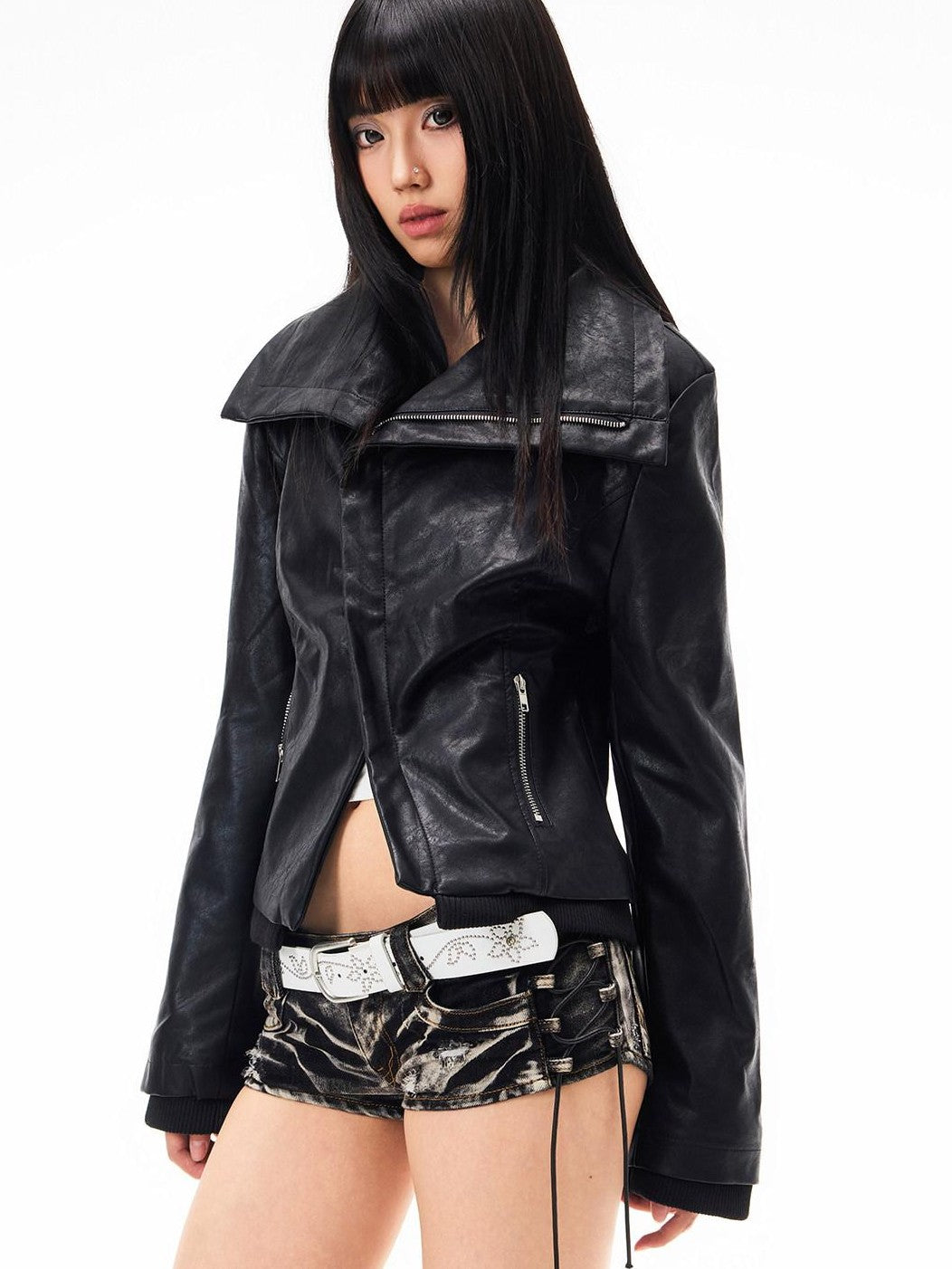3MODE Vintage Lapel Asymmetrical Zipper Slim Fit Women&